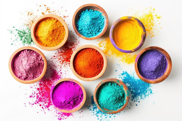 Colorful Holi powder in bowls isolated on white background