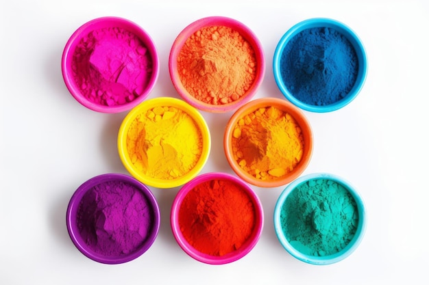 Photo colorful holi powder in bowls on white background