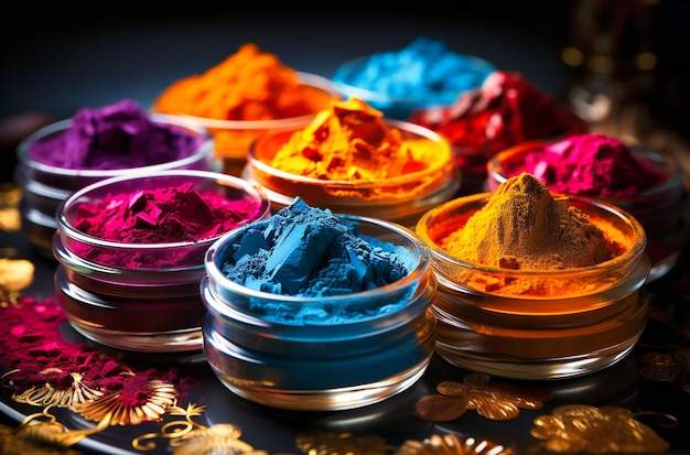 colorful holi powder is shown in decorative containers