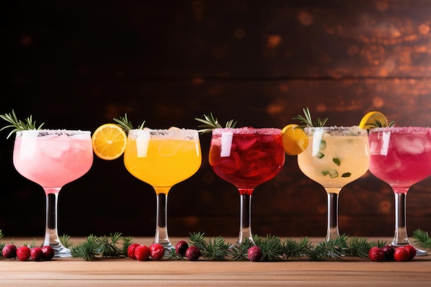 Foto cocktail colorati decorati con guarnizioni festive sfondo con spazio vuoto per il testo