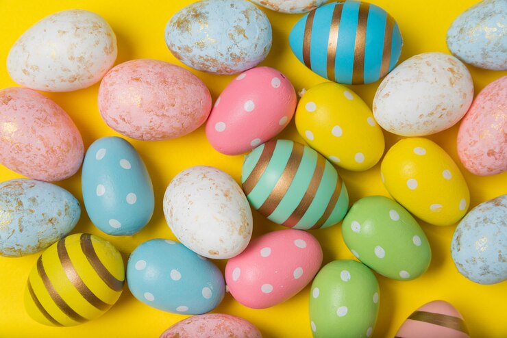 Colorful holiday eggs close-up.