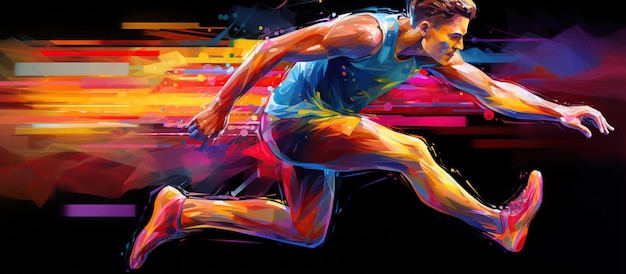 Colorful holographic human runner sport on dark background AI generated image