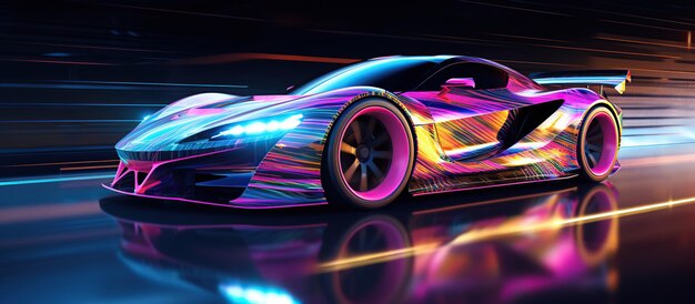 Colorful holographic sport car on dark background AI generated image