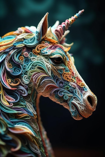 A colorful horse made of curly hair.