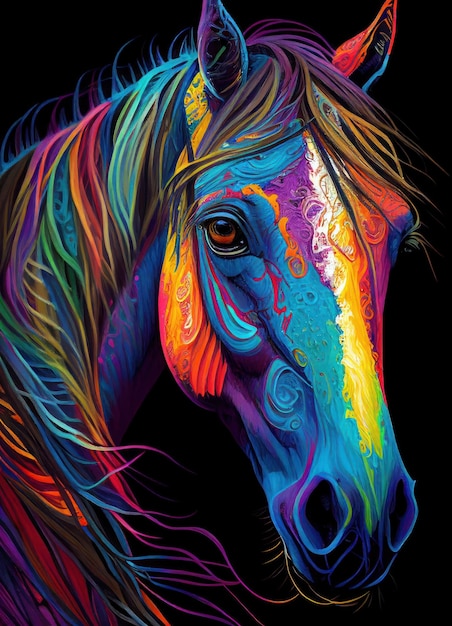 Colorful horse portrait on dark background by Generative AI