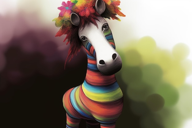 A colorful horse with a colorful head and a flower on it.