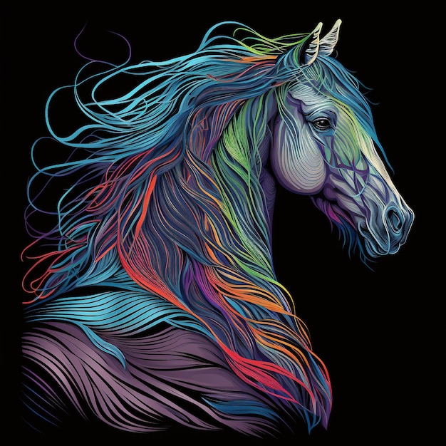 Красочная лошадь с длинной гривой и надписью «лошадь» спереди.