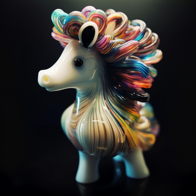 A colorful horse with a mane that has the word " on it. "