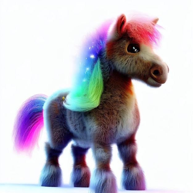 A colorful horse with a rainbow mane and a tail.