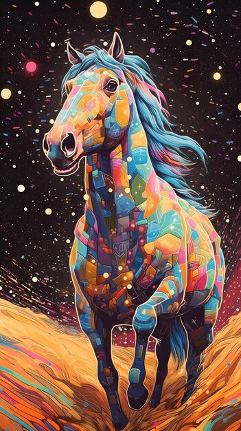 A colorful horse with a rainbow mane