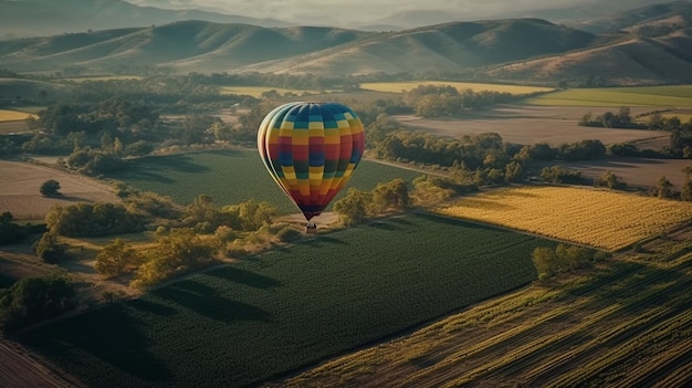 野原の上空を彩るカラフルな熱気球 ジェネレーティブ AI