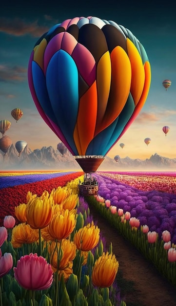 A colorful hot air balloon flies over a field of flowers.