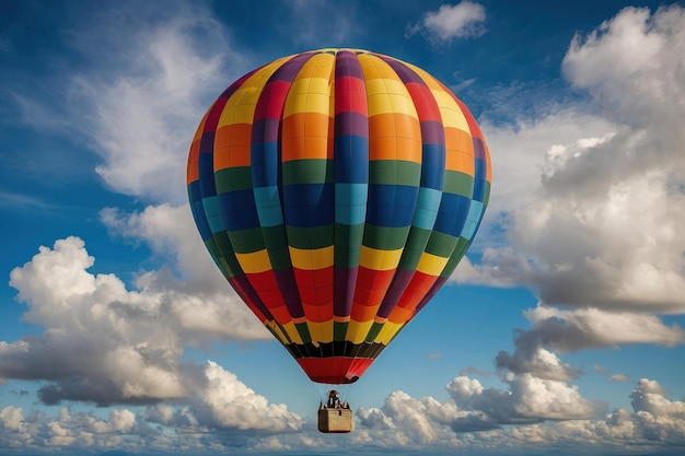 Colorful hot air balloon floating above clouds