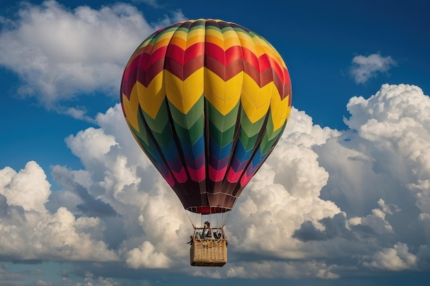 Colorful hot air balloon floating above clouds