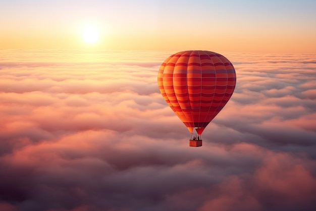 Colorful hot air balloon floats over a sea of clouds at sunset