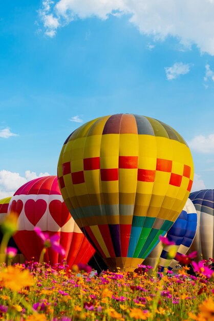 自然公園や庭園を飛ぶカラフルな熱気球。タイ旅行とアウトドアアドベンチャーアクティビティ。