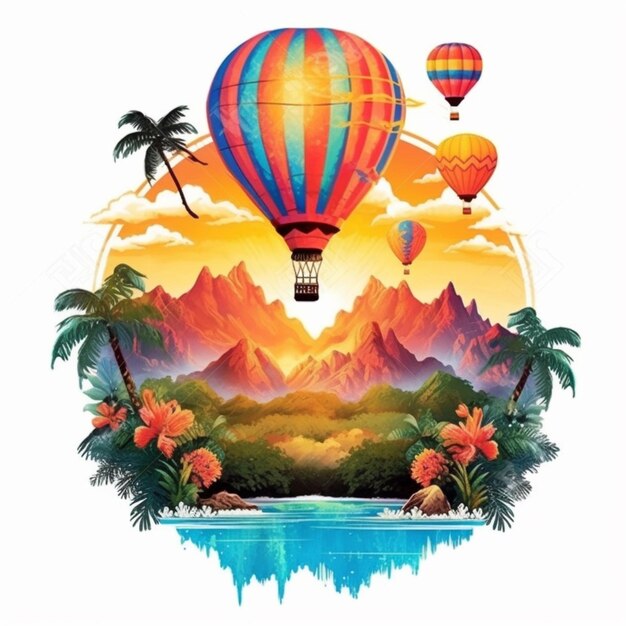 a colorful hot air balloon flying over a tropical landscape generative ai