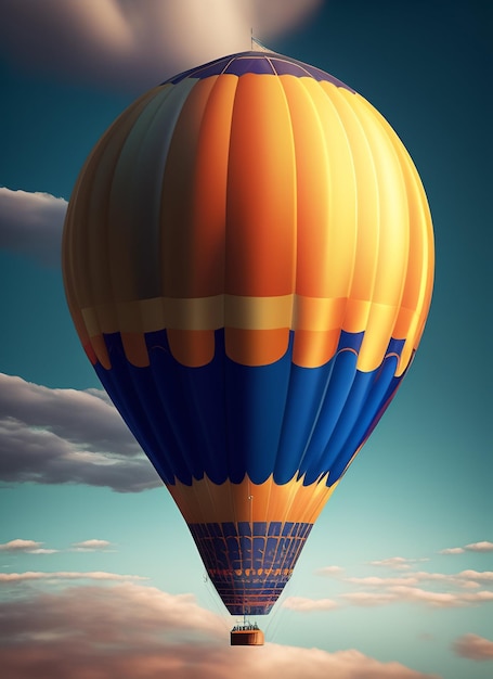 A colorful hot air balloon is flying over a field with trees in the background