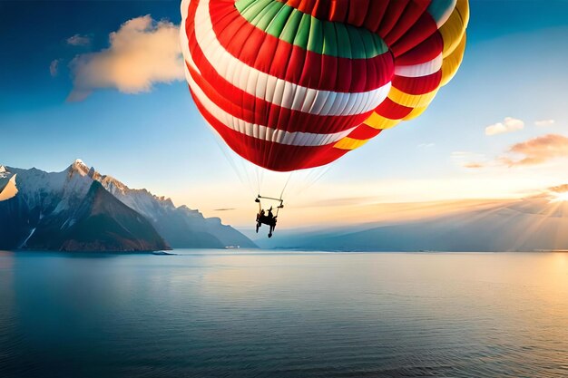 A colorful hot air balloon is flying over a lake