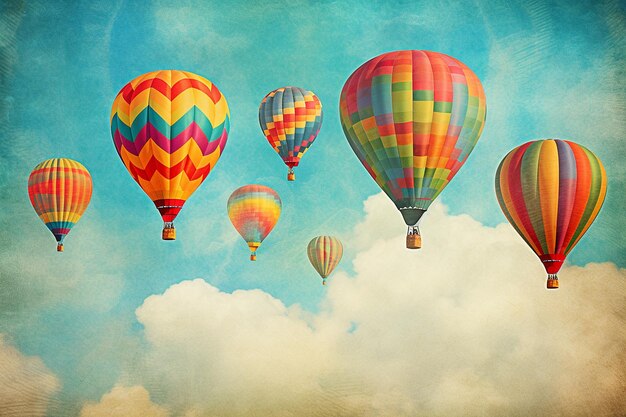 Colorful hot air balloons against a textured sky