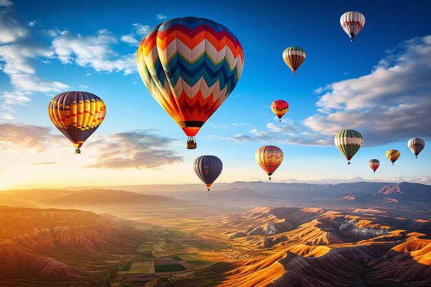 Colorful hot air balloons drifting over a patchwork of fields