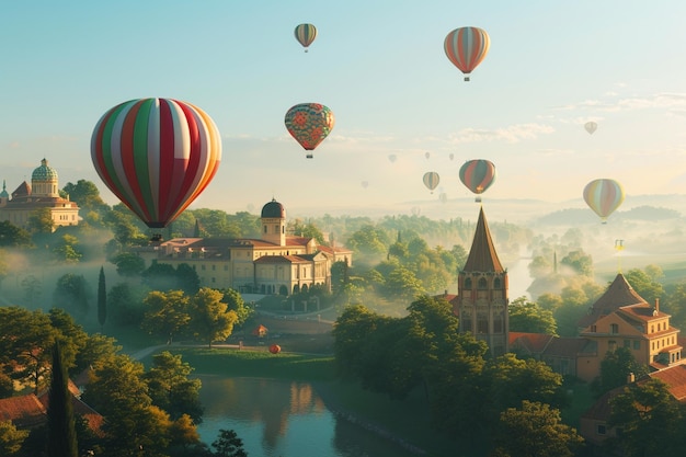 Colorful hot air balloons drifting over a pictures