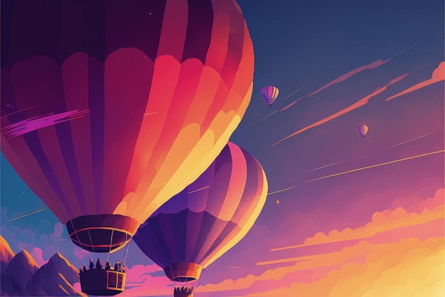 日没時に空を漂うカラフルな熱気球 ファンタジーコンセプト イラスト絵画 ジェネレーティブAI