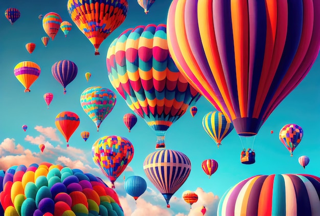 Colorful hot air balloons festival floating with clear blue sky background Hobbies and leisure concept Digital art illustration Generative AI