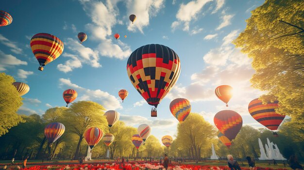 Colorful hot air balloons floating in a bright blue sky over a scenic park with autumn trees