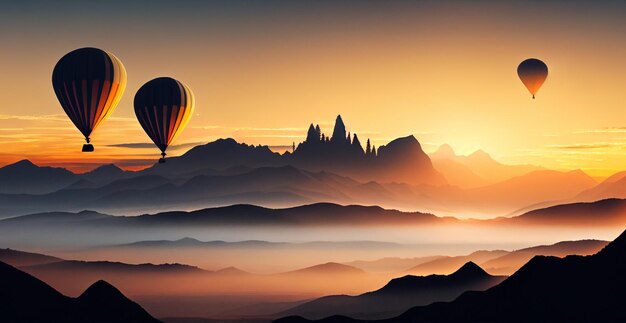 Colorful hot air balloons fly over the mountain foggy evening sunset AI generated image