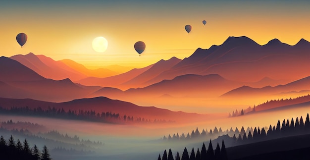 Colorful hot air balloons fly over the mountain foggy evening sunset AI generated image