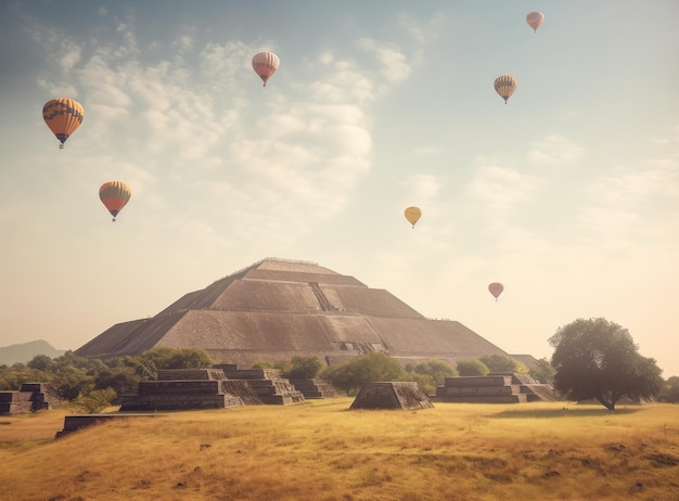 Colorful Hot Air Balloons Flying Over Ancient Pyramid of Teotihuacan Mexico