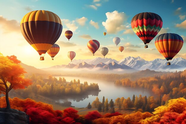 Colorful hot air balloons flying over an autumn landscape