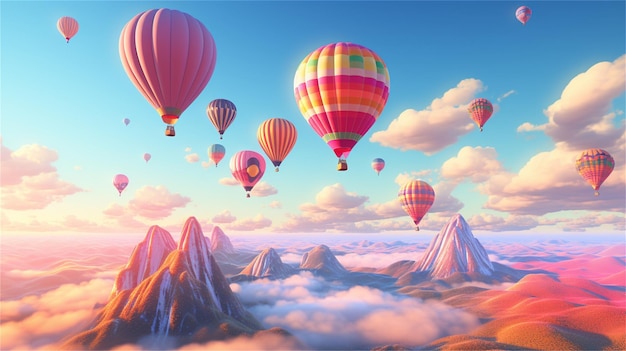 Colorful hot air balloons flying over fantasy landscape 3d rendering