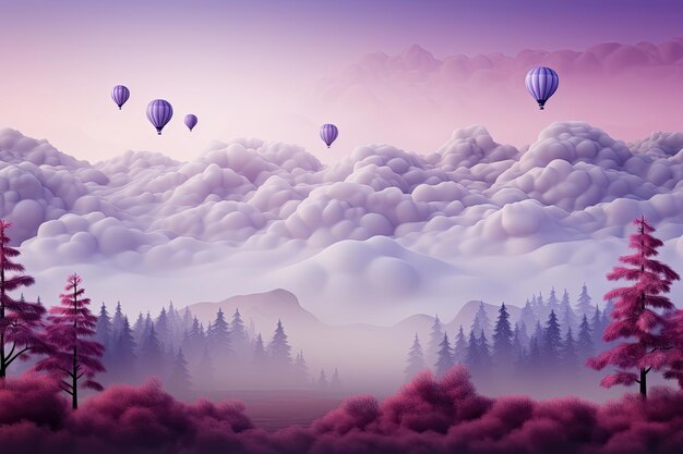 Colorful hot air balloons flying over the misty forest