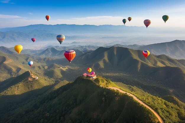 Colorful hot air balloons flying over mountain at Dot Inthanon in Chiang Mai Thailand