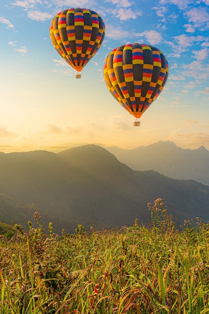 Colorful hot air balloons flying over mountain at Dot Inthanon in Chiang Mai Thailand