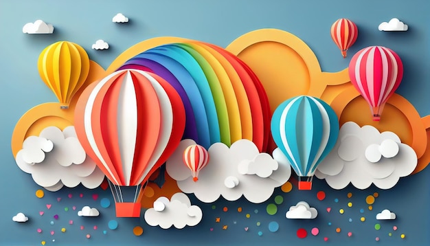 Красочные воздушные шары летят в небе в стиле бумажного искусства Generative AI