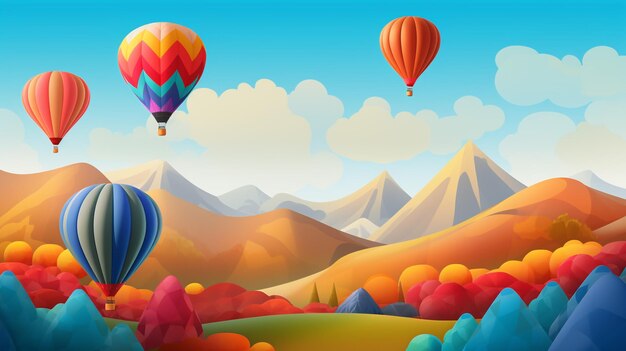 Colorful hot air balloons soaring over rolling hills