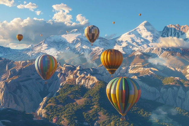 Colorful hot air balloons soaring over a scenic mo