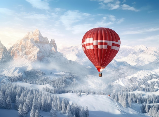 Colorful hotair balloon flying over snowcapped mountain created with generative ai technology