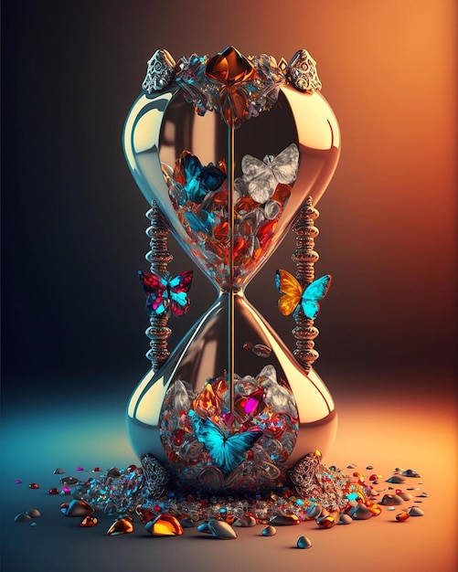 A colorful hourglass with butterflies on it is surrounded by a colorful background.