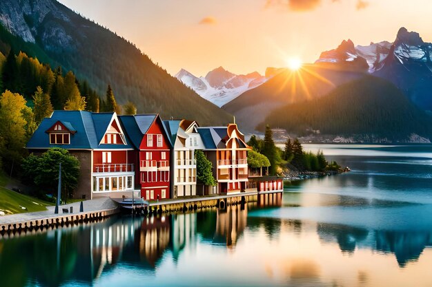 a colorful house by the lake at sunset