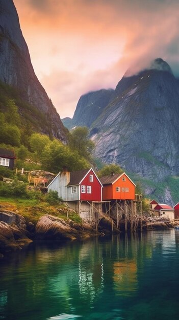 A colorful house in the fjords of norway