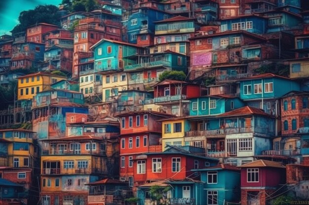 Photo a colorful house on a hill with the words 