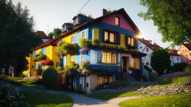 A colorful house in the middle of a green lawn.