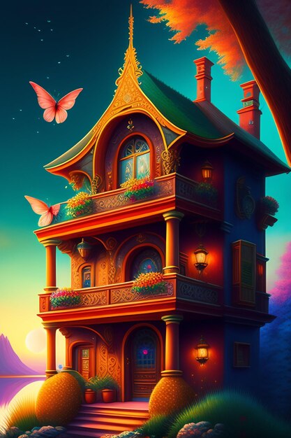 Photo a colorful house with butterflies