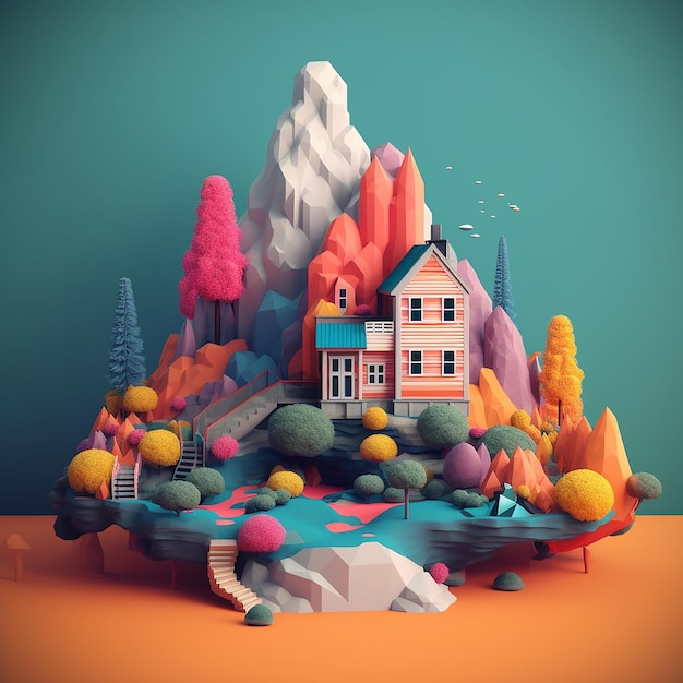 A colorful house with a house on the top of it