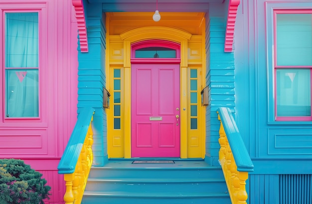 a colorful house with a pink door and yellow trim