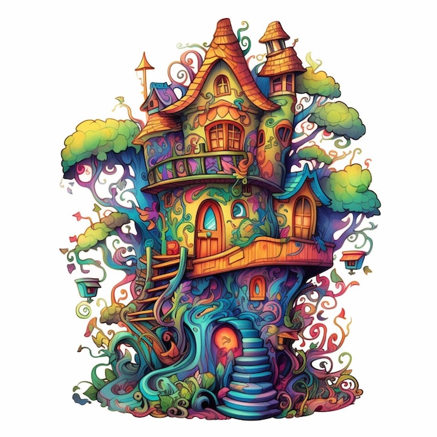 A colorful house with a staircase leading to a treehouse generative ai